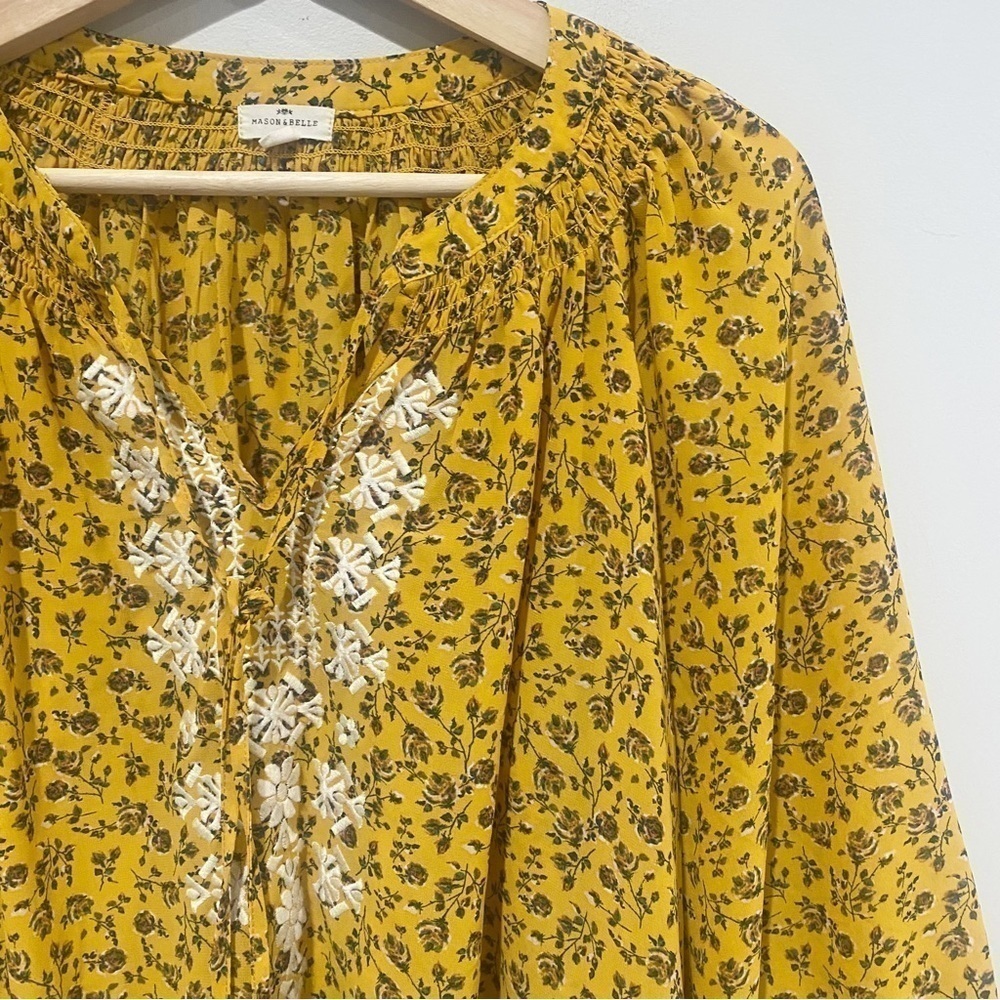 MASON & BELLE Mustard Yellow Peasant Top Embroidered Ditsy Floral Boho Size 1X - Picture 2 of 10